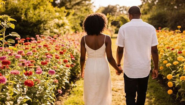 Walking hand-in-hand through sunlit flower garden path, romantic summer stroll