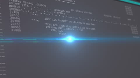 Digital Code Sequence with Light Animation on Black Background