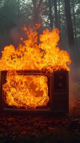 Vertical video of vintage CRT television burning in pine forest with towering flames