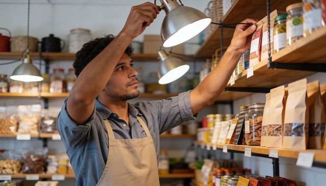 Shop worker adjusting pendant light while stocking jars and goods on wooden shelves