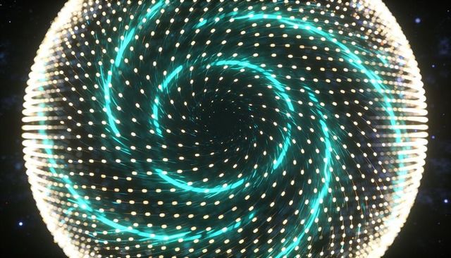 Rotating glowing dotted sphere with turquoise spiral ribbons and particle vortex