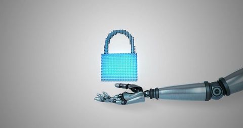 Robotic Hand Holding Digital Padlock Symbolizing Data Protection