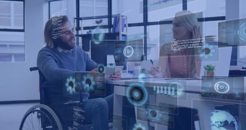 Diverse business meeting with digital overlay in modern office