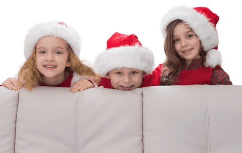 Transparent Christmas Children in Festive Santa Hats with Copy Space