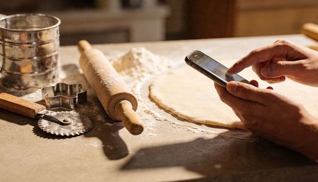 Adult hands using smartphone while preparing dough with rolling pin and cookie cutters