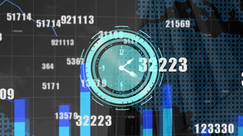 Abstract Neon Clock Display with Financial Data Charts