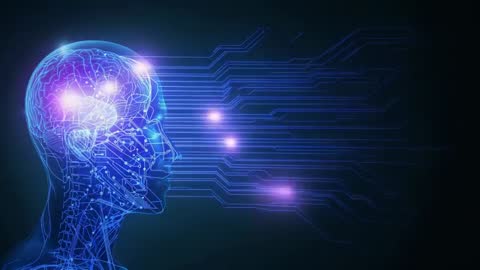 Futuristic Animated Neon Head with Cybernetic Neural Pulses