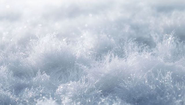 Glittering hoarfrost carpet with needle-like ice crystals macro texture in soft blue light