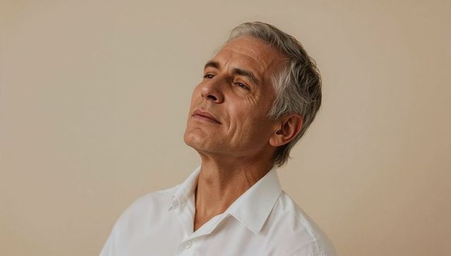 Contemplative mature gray-haired man tilting head upward wearing white shirt calm portrait
