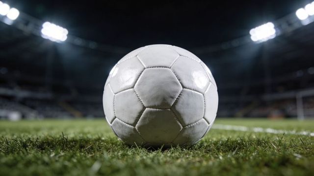 Scuffed white soccer ball on floodlit stadium grass closeup showing game-ready detail
