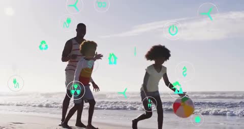 Playful Family on Beach with Renewable Energy Symbols Overlay