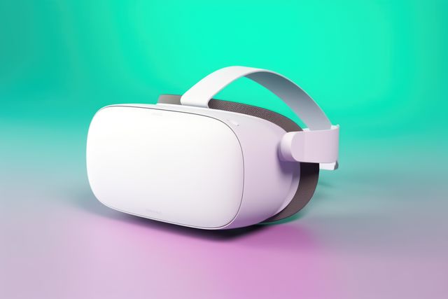 White vr headset on blue and pink background with copy space, created using generative ai technology. Virtual reality and digital interface technology concept digitally generated image.