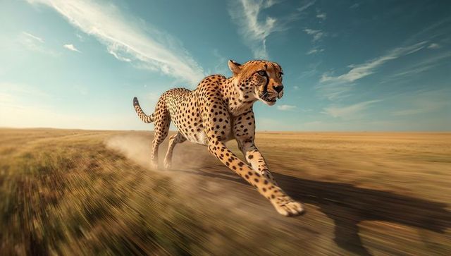 Cheetah Sprinting Across African Savanna at Sunrise