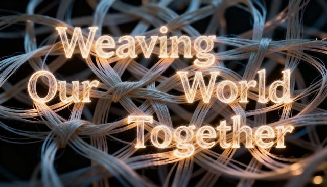 Glowing interlaced fiber mesh with weaving our world together text concept for connectivity