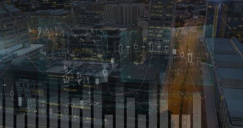 Double exposure of city skyline with financial charts and calculations