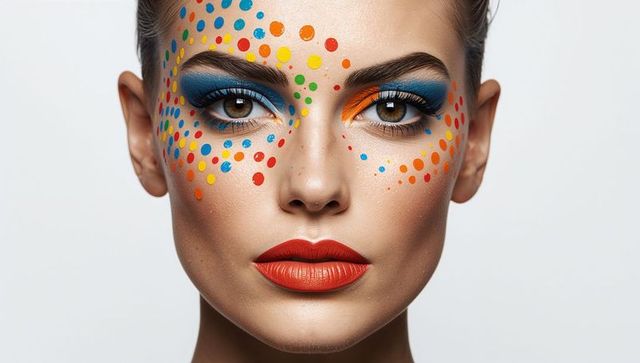 Model Displaying Colorful Dot Face Paint, Bold Blue and Orange Eye Makeup, Red Lipstick