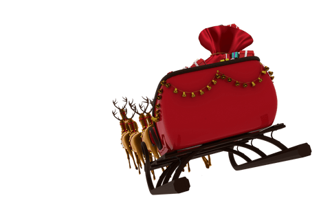 Reindeer pulling red sleigh in transparent christmas scene