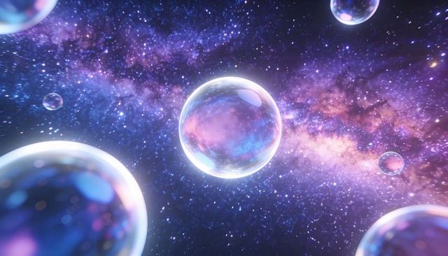 Floating Iridescent Bubbles Reflecting Nebula Colors Over Starfield with Bokeh Glow
