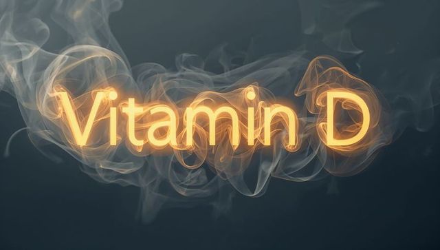 Vitamin D Neon Glow Text with Amber Smoke Ribbons, Warm Halo Lighting for Wellness Design