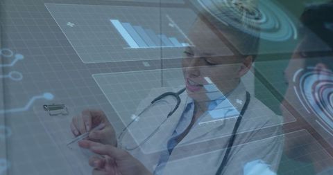 Doctor Examining Digital Data Overlay in Modern Clinic