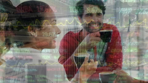 Friends Enjoying Coffee Overlaid with Stock Market Data