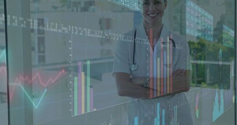 Female Nurse with Stethoscope Analyzing Healthcare Data