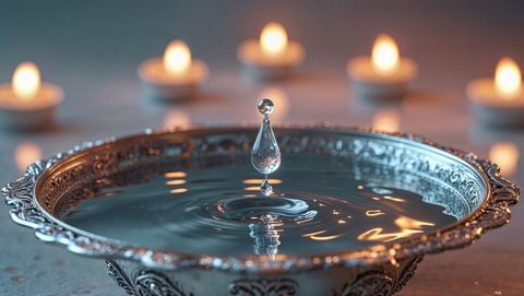 Water droplet creating ripples in ornate silver bowl with tealight candles, forgiveness concept