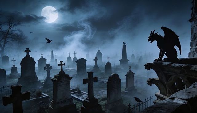 Moonlit gothic graveyard with perched gargoyle silhouette and fog-shrouded tombstones