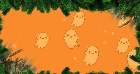 Cute kawaii ghosts on orange background with pine frame