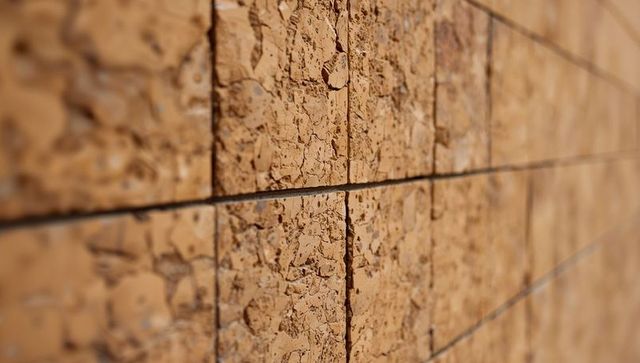 Close-up showing textured cork tile grid with porous surface, grout lines and warm tone
