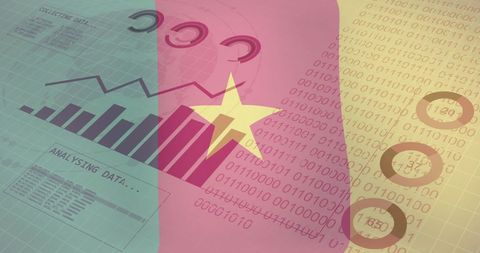 This illustration shows binary coding and data charts overlaid on the Cameroon flag, symbolizing the intersection of technology and national identity. Great for use in topics regarding digital innovation in Cameroon, technological advancements, and cross-national data analysis. Useful for educational purposes or digital publications focusing on technology in or from Cameroon.