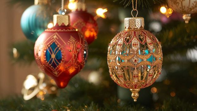 Hanging ornate gold filigree christmas bauble with turquoise inlay and red teardrop