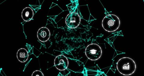 Falling education icons over networked digital background