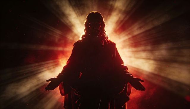 Backlit robed figure with radiant halo, ember haze dramatic silhouette for worship