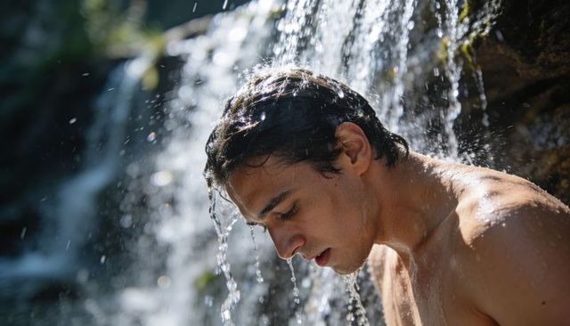 Shirtless young man letting waterfall pour over head on mossy rock, sunlit droplets