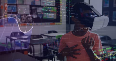 Child Learning with VR Headset and Financial Data Overlay