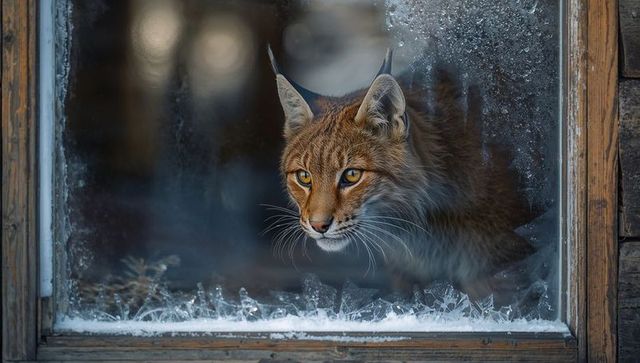 Amber-eyed lynx pressing face against frosted cabin windowpane, winter wildlife closeup