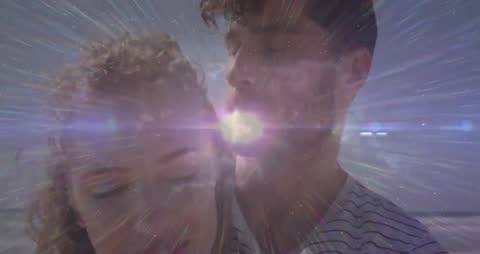 Romantic Beach Embrace with Cosmic Starburst Effect