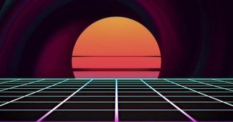 Retrofuturistic neon grid sunset with glowing orb, synthwave horizon and vaporwave glow