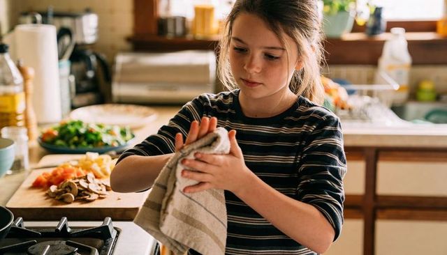 Preteen girl drying hands with towel while prepping vegetables in sunlit cozy kitchen