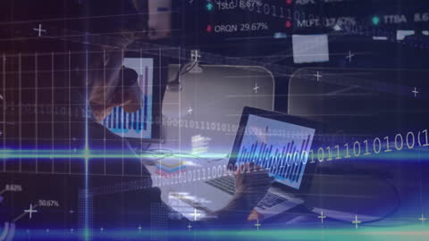 Caucasian Businessman Analyzing Data with Digital Interface in Office