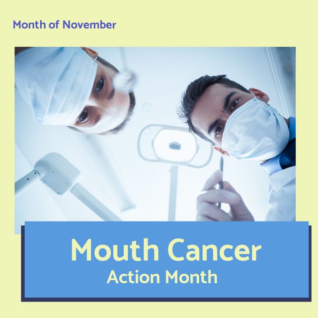 Image of mouth cancer awareness action month over caucasian male and female dentists. Health, medicine, dentist and cancer awareness concept.