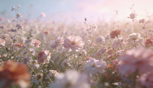 Soft pastel wildflower meadow blooming at sunrise with backlit pink and peach blossoms