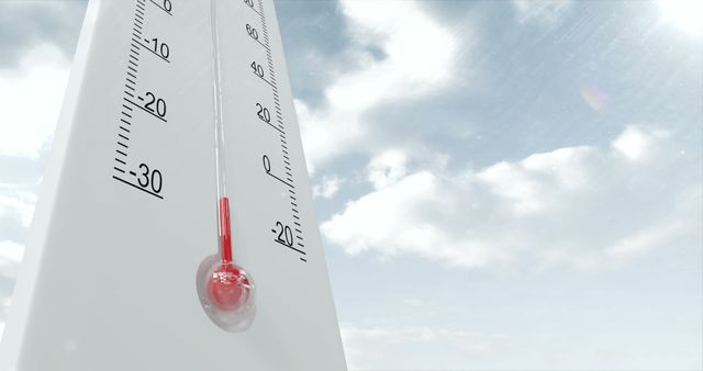 Outdoor thermometer showing temperature below freezing, with cloudy sky background. Useful for illustrating cold weather, winter conditions, or subzero temperatures in articles, advertisements, educational materials, or environmental campaigns.