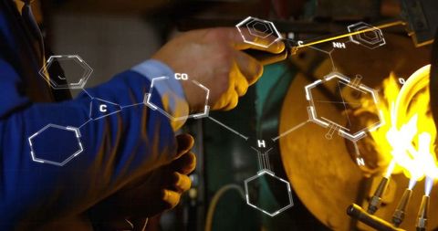 Scientist Heating Sample with Chemical Formula Overlay