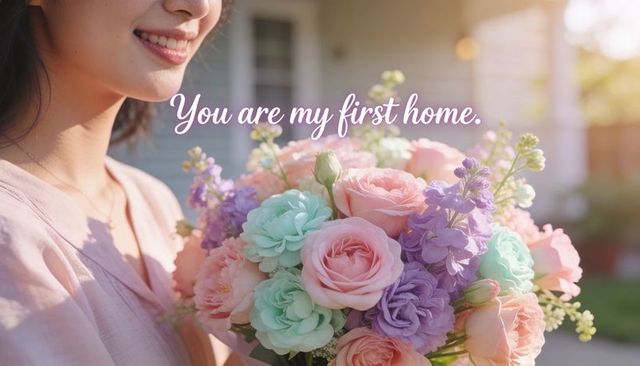 Smiling asian woman cradling pastel rose bouquet on porch with cursive romantic overlay, golden hour