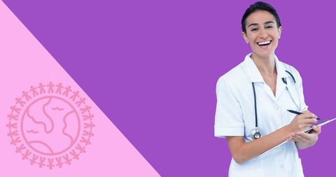 Smiling female doctor supporting global health awareness campaign