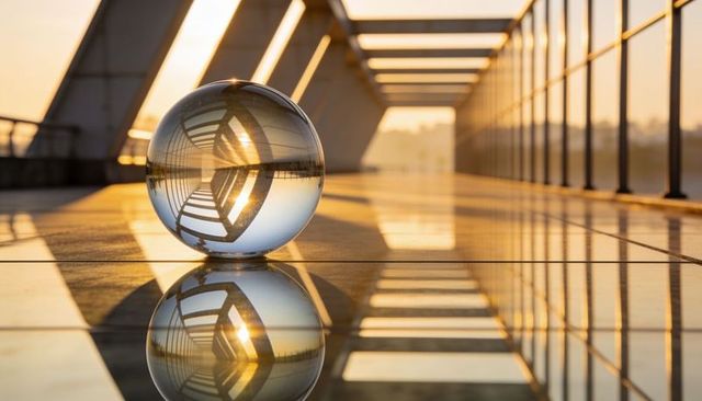 Crystal sphere reflecting inverted bridge arches on glass tiled walkway at golden hour