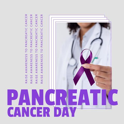 Doctor holding purple ribbon for pancreatic cancer awareness