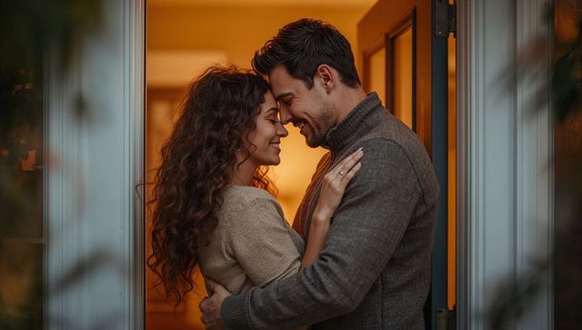 Couple sharing intimate embrace at home threshold showing engagement ring and warm knit sweaters
